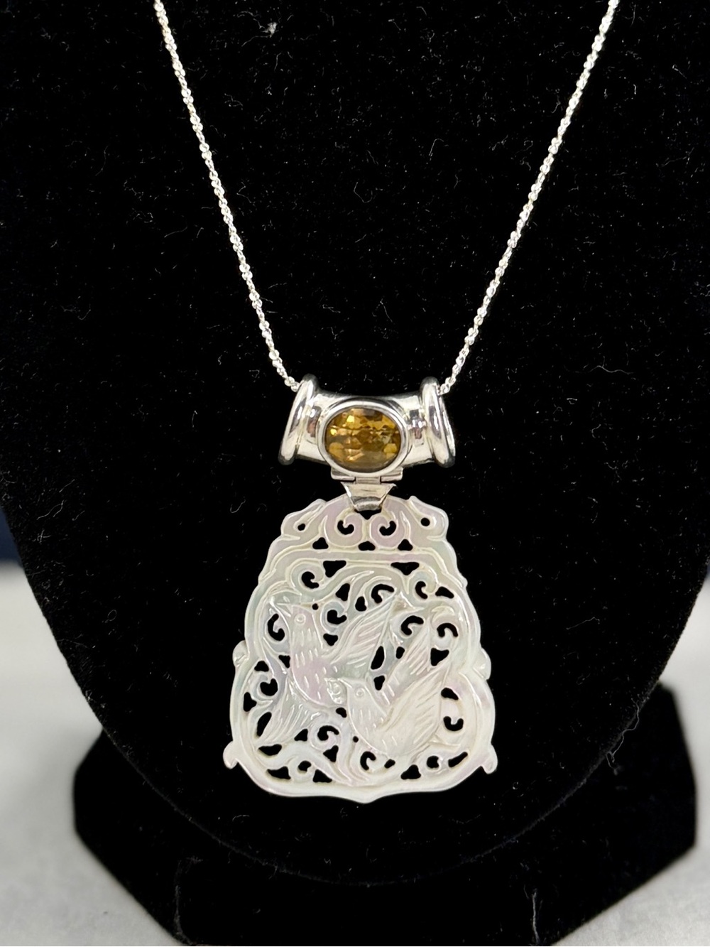 SAJEN Sterling Silver Etched Birds MOP Mother of Pearl Citrine Pendant Necklace